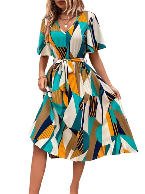 OTABU | Women A-line Dress with Pleats, has an V-Neck, Printed Top Comes with a Belt