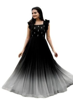 LAZZLY Women's Georgette Traditional Ethnic Long Embroidered Puff Sleeve Fit & Flared Anarkali Gown