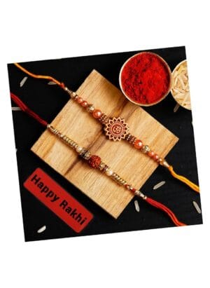 eCraftIndia Set of 2 Om & Rudraksha Rakhis with Roli Chawal Pack and Happy Rakhi Wooden Cutout - Rakhi for Brother, Bhaiya, Bhai