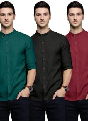 Macsivo Men's Cotton Blend Shirt | Mandarin Collar | Casual | Plain | Formal | Full Sleeve | Summer | Regular Fit - (Combo Pack of 3)