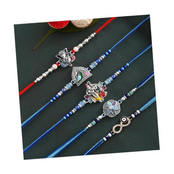 TONKWALAS Multicolor Combo of 5 Rakhi Set for Men with Roli Chawal Best Wishes Greeting Card
