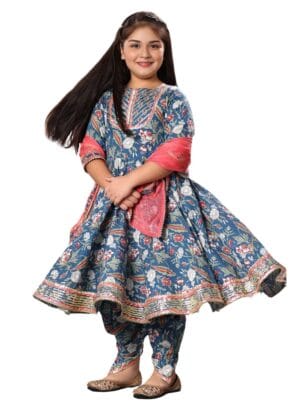 Naixa Girls Rayon Fabric Blue Jaipuri Double Print Anarkali Dress With Dhoti And Dupatta 3/4 Sleeve Salwar Suit Set For All Occations Like Wedding, Festival & Events