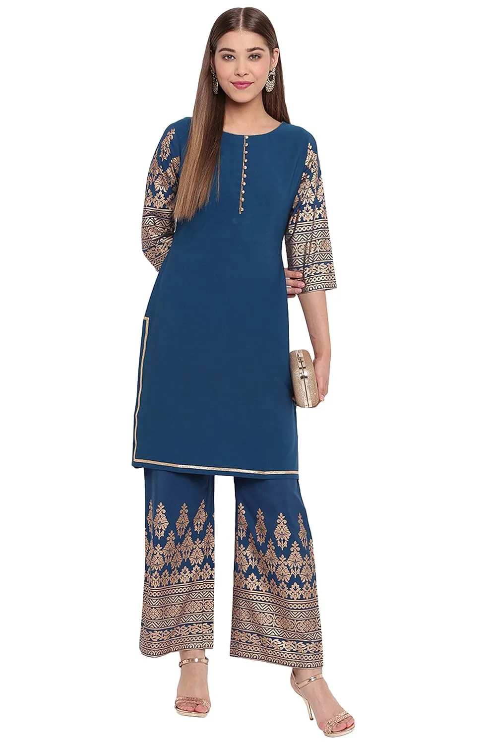 Teal Poly Crepe Kurti with Palazzo