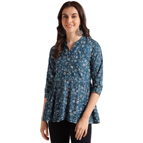 Fabclub Rayon Floral Printed A-Line Chinese Collar 3/4 Sleeve Women's Tunic Tops/Short Kurti