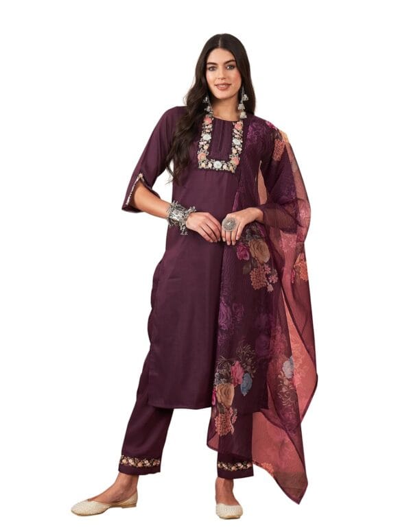 INDO ERA Women's Cotton Blend Embroidered Straight Kurta Pant With Dupatta