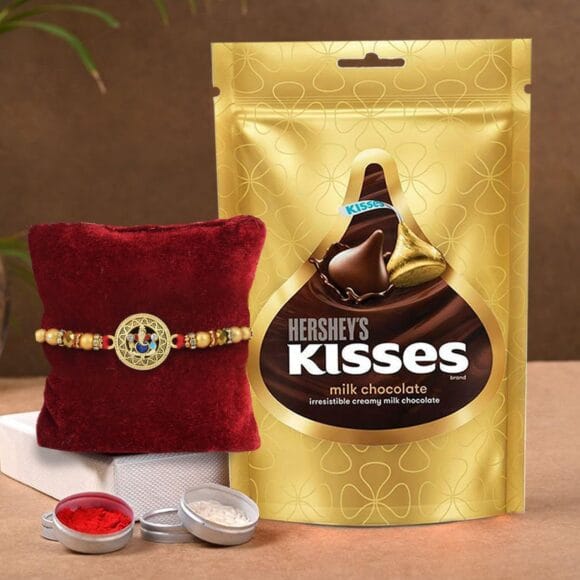 TIED RIBBONS Rakhi for Brother with Gift Chocolate Combo - Premium Ganesh Bracelet Rakhi for Brother Bhaiya Boys Kids Men with Hersheys Kisses Chocolate and Card Tikka - Rakhi for Rakshabandhan