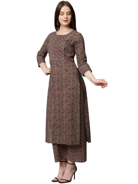 Standard Generic GoSriKi Women's Cotton Blend Traditional Straight Printed Kurta and Palazzo Set