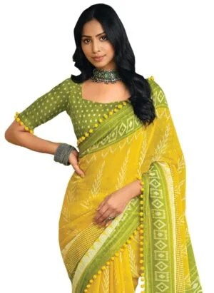 SAREE MALL Women's Blue Cotton Bandhani Printed Ready To Wear one Minute Saree With Unstitched Blouse