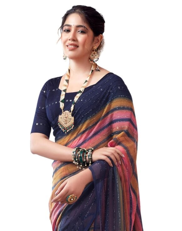 SIRIL Women's Georgette Printed Zari Stripe Saree With Unstitched Blouse Piece