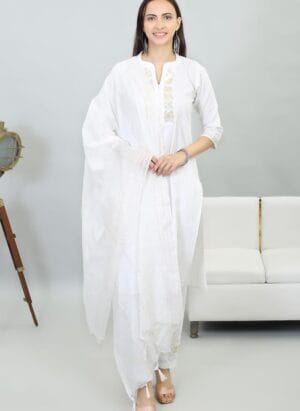 Maadwara Women's Cotton Blend White Kurta Pant with Ethnic Lace Work Casual Wear with Designer Dupatta