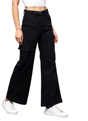 Miss Chase Women's Black Wide Leg High Rise Clean Look Regular Stretchable Denim Jeans