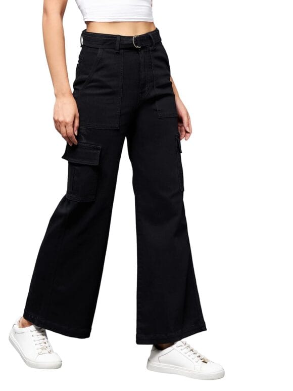 Miss Chase Women's Black Wide Leg High Rise Clean Look Regular Stretchable Denim Jeans