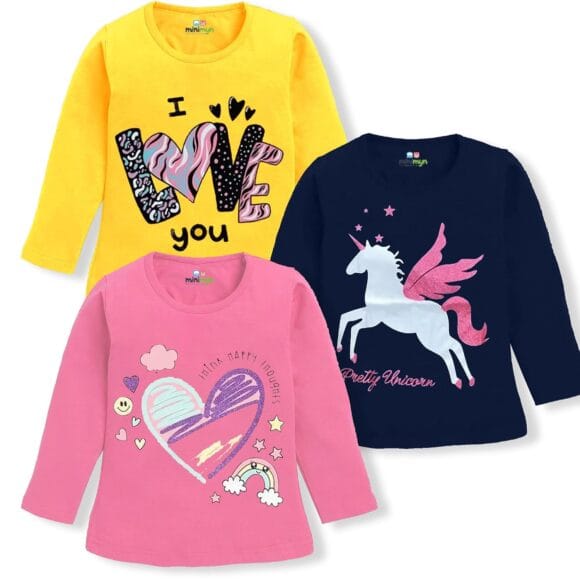 Girls Animal Printed Full Sleeves T-Shirt Printed Cotton T-Shirts/Round Neck Regular fit T-Shirt/Pack of 3