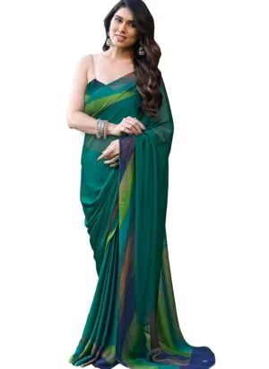 MIRCHI FASHION Women's Stylish Chiffon Colorblocked Strips Printed Saree with Blouse Piece