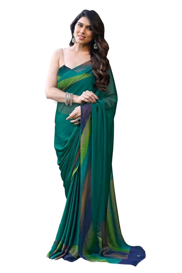 MIRCHI FASHION Women's Stylish Chiffon Colorblocked Strips Printed Saree with Blouse Piece