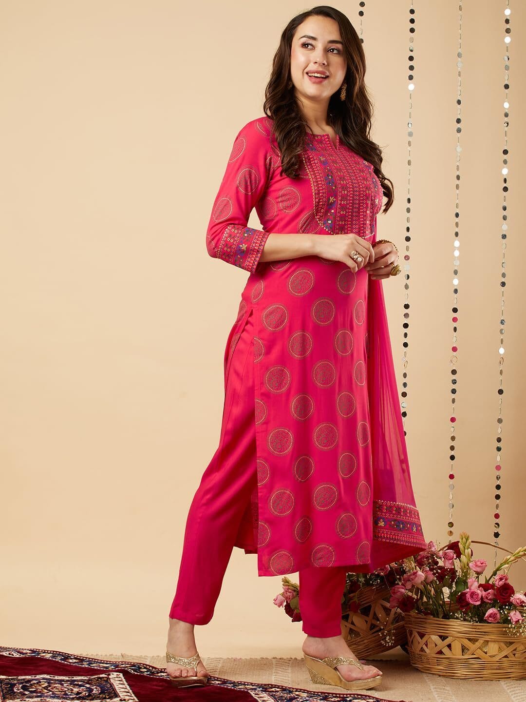 Women's Cotton Blend Straight Printed Kurta with Pant & Dupatta - Image 4