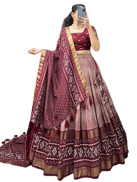 Floral & Patola Print With Foil Work Tussar Silk Ethnic wear Tassels and Zip Closuer Readymade Lehenga Choli With Dupatta