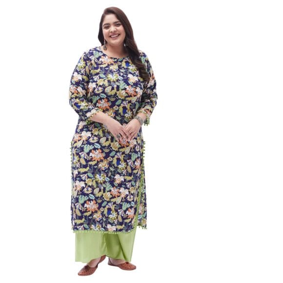 Plus Size Blue & Green Printed Kurta with Palazzo