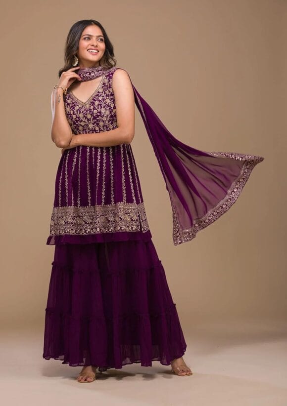 Womens Purple Designer Zariwork Georgette Readymade Sharara Suit - Image 3