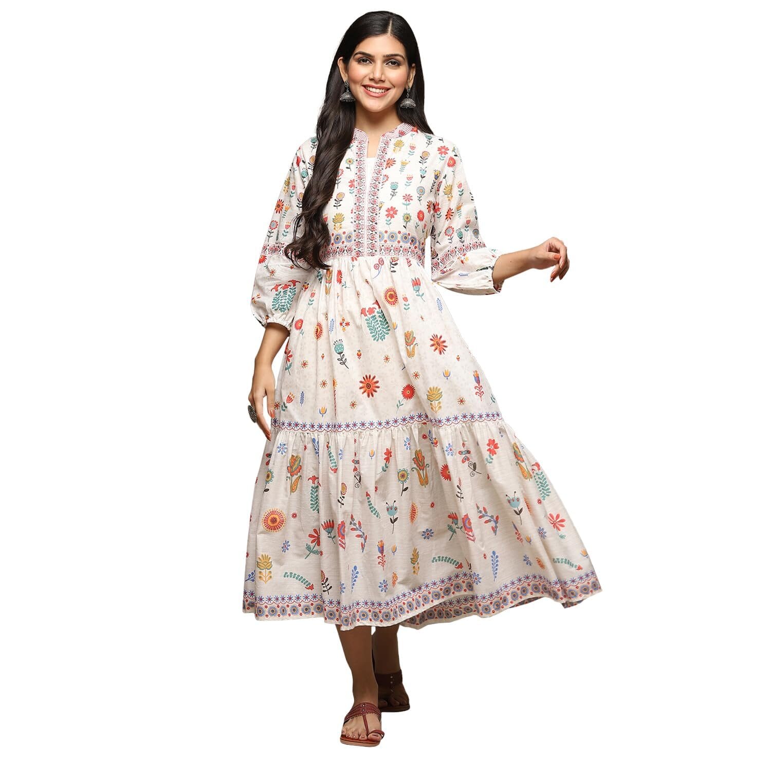 BIBA Women Printed Cotton Mix and Match(Dresses1994E_White_34), Regular, Kurta