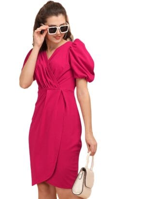 Sheetal Associates Women's puff Sleeve V-Neck Bodycon Casual Mini dress