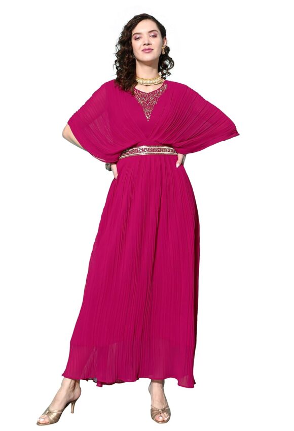 Western Gown For Women - Georgette Butterfly Sleeves Long Cinched Waist Gown Dress With Belt For Traditional, Indo Western, Ethnic Wear