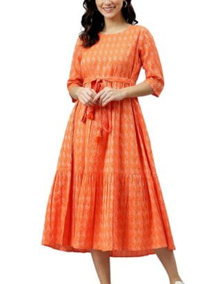 Women's Casual Short Sleeve Round Neck Printed Rayon Trendy Long Readymade Anarkali Kurti/Gown