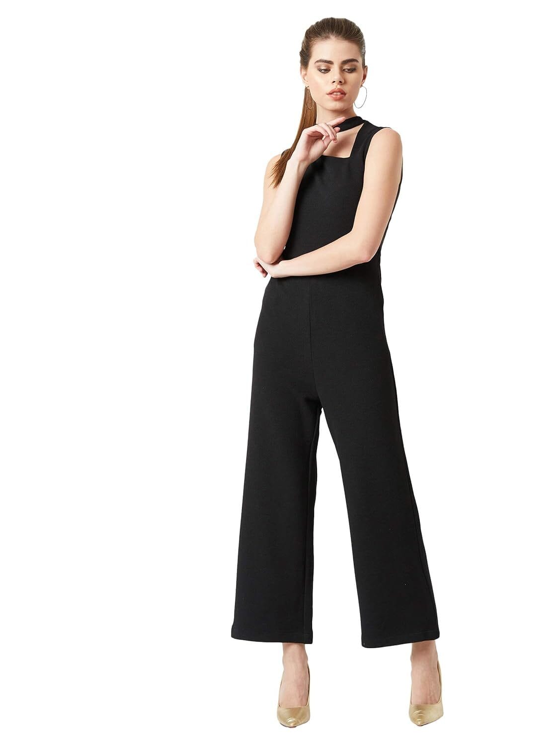 Miss Chase Women's Black Cut-Out Neck Sleeveless Solid Wide Leg Regular Length Jumpsuit