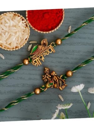 Green & Golden Set of 2 Shri Krishna and Radha Krishna Playing Flute Designer Religious Rakhis with Roli Chawal Pack - Rakhi for Brother, Bhaiya, Bhai