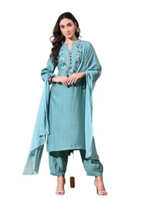 Meesan Adults-Women Polyester Straight Solid Mandarin Collar Three-Quarter Sleeves Kurta Pant with Dupatta Set