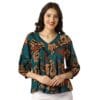 3/4 Sleeve V-Neck Top – Elegant Floral Print Blouse/Top with Pleated Front Design