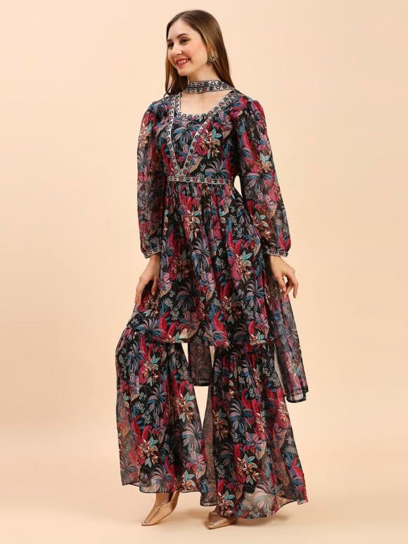 Georgette Sharara And Short Kurti Top With Dupatta Set For Solid With Digital Print And Embroidery Work Loose Sharara Set(M-2464) - Image 3