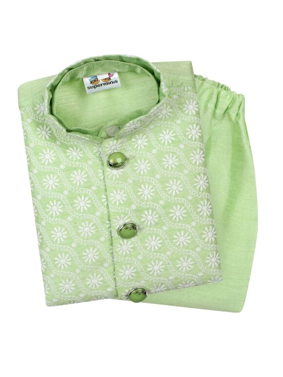 superminis Baby Boys Silk Kurta Pyjama Set with Chikankari Nehru Jacket