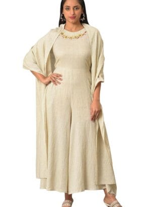 W for Woman Ecru Flared Jumpsuit with Detachable Shawl