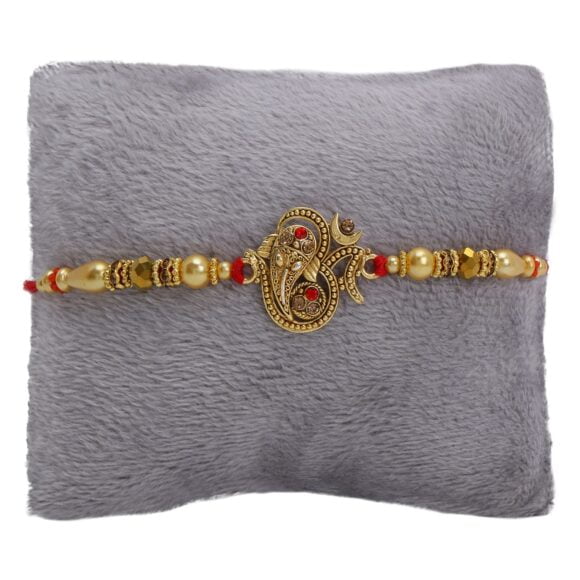 Ventures Glorious Gold Plated Auspicious and Diamond Ring Rakhi with Roli Chawal and Greeting Card