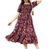 KUDUZO Women's Floral Print Crepe Fit and Flare Short Sleeve Ruffle Midi Dress - Stylish, Comfortable, Perfect for Any Occasion