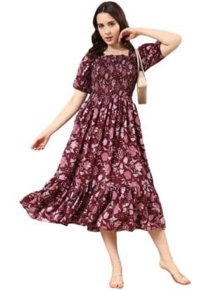 KUDUZO Women's Floral Print Crepe Fit and Flare Short Sleeve Ruffle Midi Dress - Stylish, Comfortable, Perfect for Any Occasion