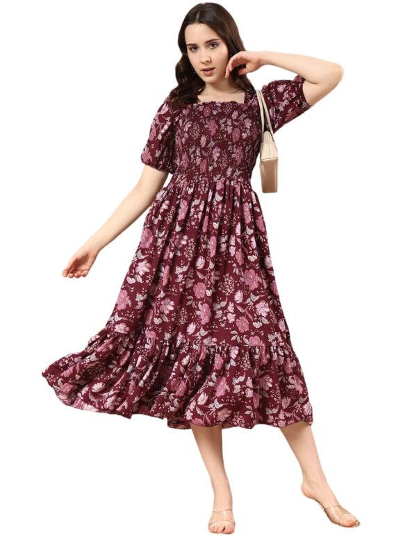 KUDUZO Women's Floral Print Crepe Fit and Flare Short Sleeve Ruffle Midi Dress - Stylish, Comfortable, Perfect for Any Occasion