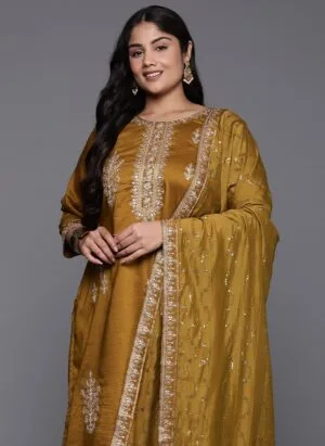 INDO ERA Women's Embroidered Straight Silk Blend Kurta Pant with Dupatta