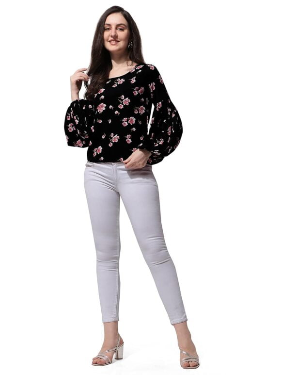Floral Print Blouson Regular Fit Top In Crepe Fabric With Round Neck And Full Sleeve Blousan Top