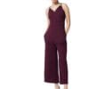 Miss Chase Women's Wine V-Neck Sleeveless Solid Wrap Regular Jumpsuit