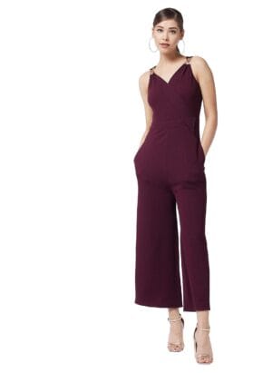 Miss Chase Women's Wine V-Neck Sleeveless Solid Wrap Regular Jumpsuit