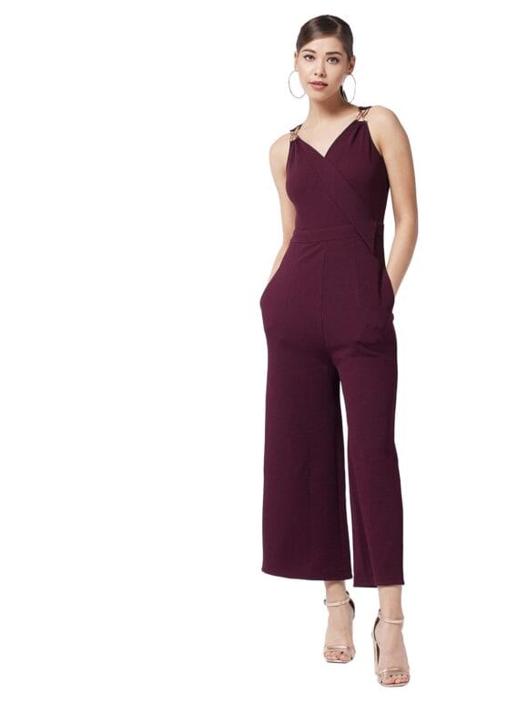 Miss Chase Women's Wine V-Neck Sleeveless Solid Wrap Regular Jumpsuit