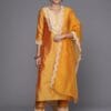 INDO ERA Women's Embroidered Silk Blend Calf Length Straight Kurta with Pant & Dupatta Set (KH9MT9400)