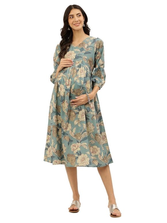 Negen Cotton Maternity Dresses for Women - Sky Blue Floral Breastfeeding Maternity Gown Kurti for Pregnant Women - Nursing Pre and Post Pregnancy Wear