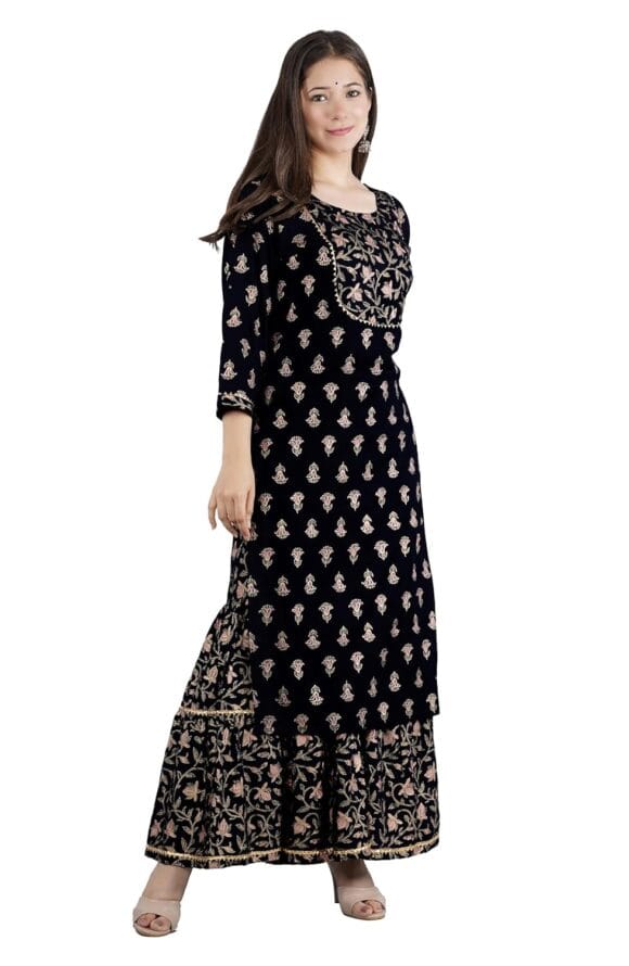 Women's Reyon Printed Gold Kurti sharara