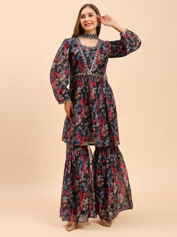 Georgette Sharara And Short Kurti Top With Dupatta Set For Solid With Digital Print And Embroidery Work Loose Sharara Set(M-2464) - Image 8