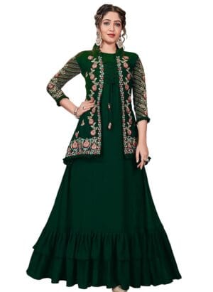 Miss Ethnik Women's Faux Georgette Semi Stitched Top With Faux Georgette Jacket Solid Flared Top Dress Material (Gown)