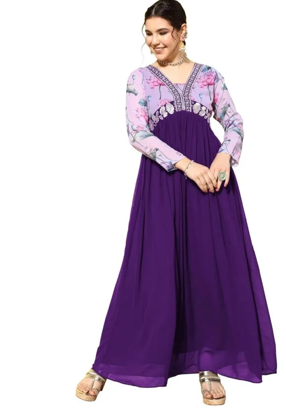 Standard Generic LYMI LABEL Gown For Women - Purple Georgette Zari Sequence Embroidered Alia Cut A-Line Gown