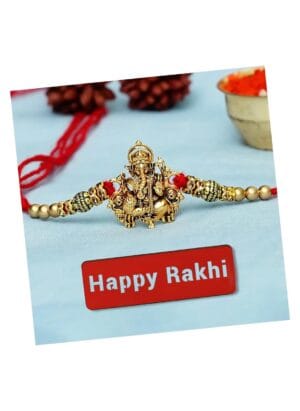 eCraftIndia Golden Religious Designer Ganesha Rakhi with Red Thread and Roli Chawal Pack and Happy Rakhi Wooden Cutout - Rakhi for Brother, Bhaiya, Bhai